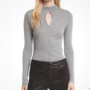 Frame Denim Silk Keyhole Mock Neck Long Sleeve Top Neutral Basics Gray Small